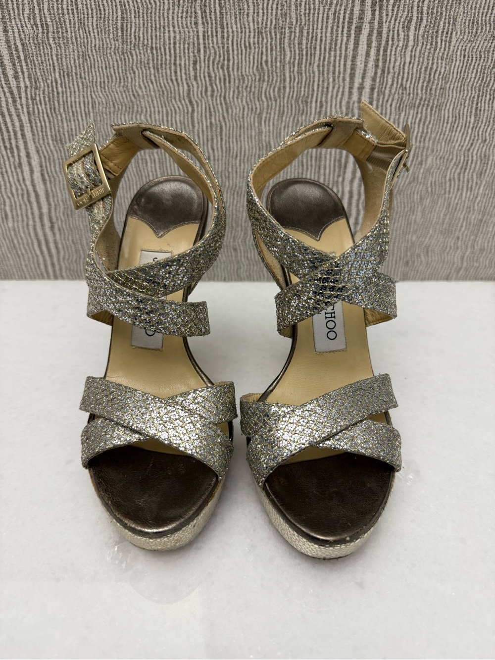 Jimmy Choo Silver Glitter Crisscross Platform Heels